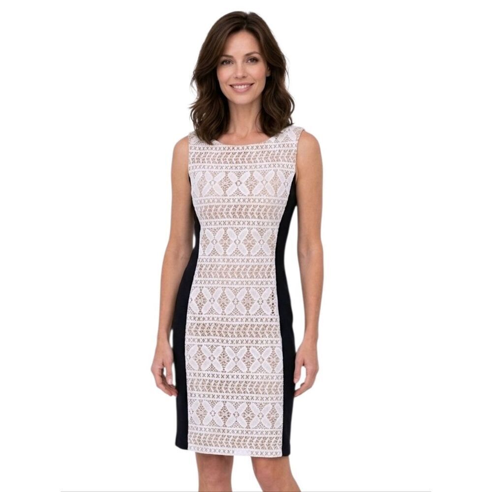 Anne Klein Navy With Ivory Lace Overlay Lined Sleeveless Sheath Dress Size 8